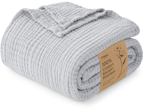 Love's cabin 100% Cotton Muslin Blanket, 6 Layer Lightweight Breathable Gauze King Size Blanket 108 x 90 Inches, Soft Summer Blanket for Bed, Light Grey