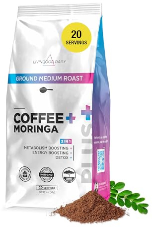 Livingood Daily Coffee with Moringa, Ground Medium Roast Coffee with Plant Based Ingredients for Morning Energy, Made with Moringa Powder, Organic, Non GMO, Vegan, Gluten Free, 20 Servings, 12 oz Bag