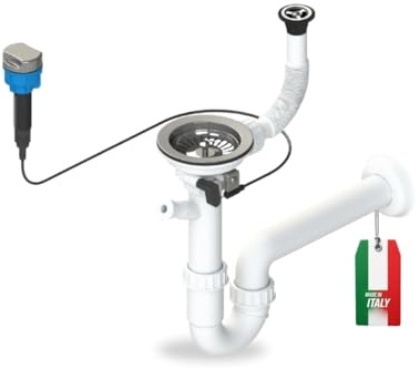 GRANMASTER Siphon Küchenspüle Automatischer 1-Kammer Raumsparsiphon mit überlauf auf der Abtropfschale - Made in Italy - Anschluss an der Unterseite: 1 1/2 Siebkorb Excenterventil 3 1/2 - 38x26x12cm