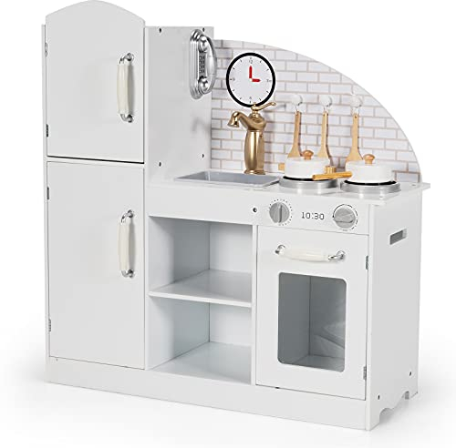 DREAMADE Kinderküche mit Sound, Kinderspielküche mit Spüle Herd Backofen Kühlschrank, Spielküche aus Holz mit Zubehör für Kinder ab 3 Jahren