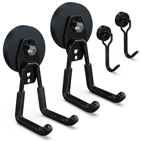 3-H Ganci Magnetici per Garage 2Pezzi, Gancio Magnetico di Stoccaggio per Attrezzi da Giardino Magnete Potente 20KG Carico, Porta Attrezzi da Parete, con 2 Mini Ganci Magnetici Girevoli per Garage