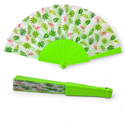 MIJOMA Faltbarer Handfächer - Ultraleicht, Wasserabweisend für Sommerparty & Hochzeit, Farbenfrohes Design, 42x23cm (Flamingo Grün)