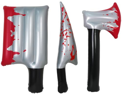 3Pcs Bloody Halloween Inflatable Weapons Prop,Bloody Knife Halloween Prop Set,Realistic Looking Prank Toy,Halloween Cosplay Horror Party Supplies