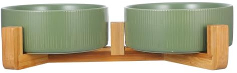 Happyyami Ceramic Cat Feeder Bowl Set with Wood Stand, Dual Pet Food and Water Dishes, Matte Green Finish, Anti-spill Design for Puppies and Cats at Home
