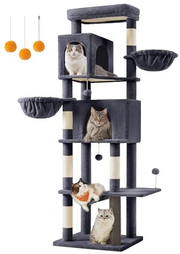 Feandrea Albero per Gatti Grande, Torre Tiragraffi Alto 190,7 cm, Multilivelli con 2 Grotte, 2 Cestini, 5 Graffiatoi, Autospazzola, Trespolo, Amaca, Grigio Scuro PCT183G02