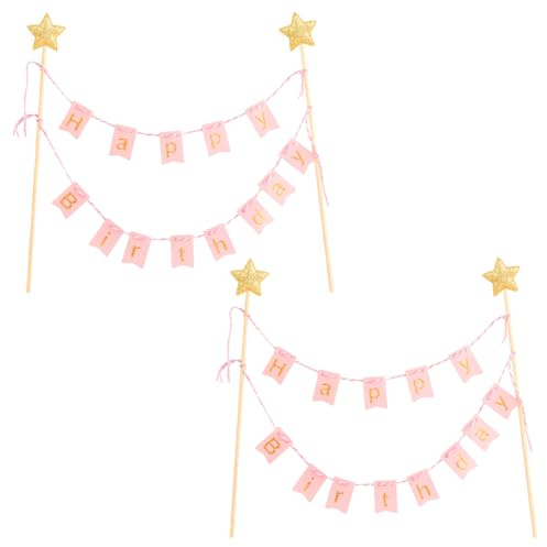 Lotsdonxia 2 Pcs Happy Birthday Cake Topper – Gold Glitter Banner with Stars for Birthday Party, Cake Decorations and Sweet Table Setup (Pink)