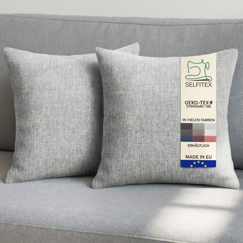 Selfitex 2er Set Sofakissen 40x40 cm, inkl. Füllkissen, gewebter Canvas Stoff, Matte & strukturierte Oberfläche, weiche Polyester Füllung, in Handarbeit gefertigt – Made in EU (Grau)