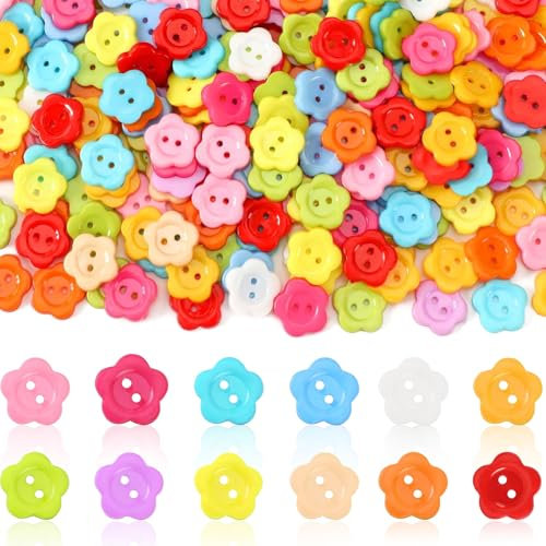 TAXTYHRE 200 Stück Bunte Knöpfe, Harz Blume Knopf, Knöpfe zum Annähen, 2 Löcher 13,5 mm Blumenknöpfe Kinderknöpfe, für Nähen Stricken Basteln DIY Geschenk Deko