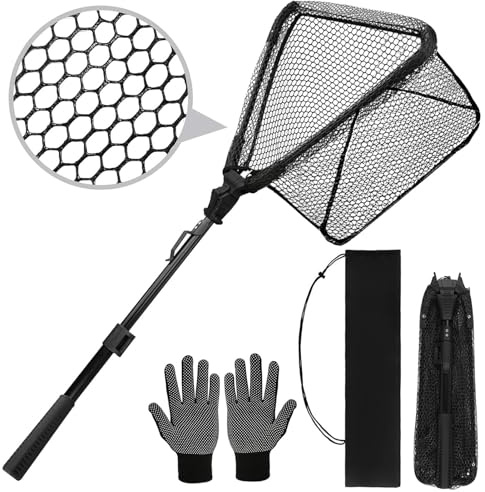 wiipara Angelkescher Gummiert Teleskop 90cm mit Keschertasche und Handschuh – Klappbar & Kompakt Unterfangkescher für Forelle & Barsch – Stabiler Watkescher & Kajak Kescher – Leicht & Fischschonend