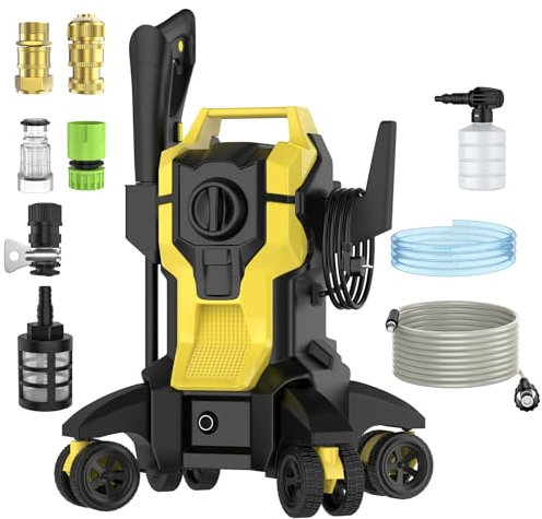 IERAKOR Hidrolimpiadora de Alta Presión, Potencia 2000W, Presión 150 Bar, Caudal 420 L/H, 4 Ruedas Giratorias 360°, Boquilla de 0 a 160°, Manguera 10M, Hidrolimpiadora Eléctrica Profesional (Amarillo)