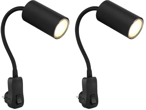 bmf-versand® Steckdosenlampe mit Schalter 2er Set - Nachtlicht Lampe Schlafzimmer - Nachttischlampe mit Schalter Wandmontage Schwarz - Leselampe Kinder Wandleuchte mit Stecker Schwanenhals GU10