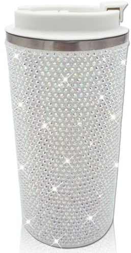 XMYAINA 17oz Rhinestone Insulated Coffee Mug with Leak Proof Lid Stainless Steel Vacuum Bling Travel Coffee Mug Studded Diamond Sparkly Coffee Tumbler Cup Reusable Portable To Go Mugs (Milky)