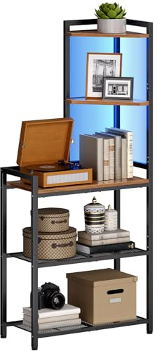HOOBRO 5-Tier Corner Shelf, Corner Bookcase with LED Light Strip, Freestanding Storage Organizer with Adjustable Mesh Tier, Tall Storage Desk with Desktop Bookshelf, Rustic Brown and Black EBF69DCJ01