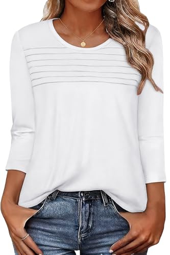 rosemia 3/4 Length Sleeve Womens Tops Crewneck Casual Blouses Dressy Pleated Front Loose Fit T Shirts, White Color, L