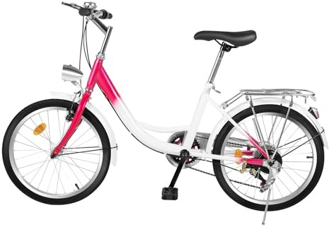 FENGLY 20-tums barncykel, 6-växlad flickcykel, rosa tonårscykel, rosa barncykel, stadscykel med ljus, lämplig för 155–170 cm flickor