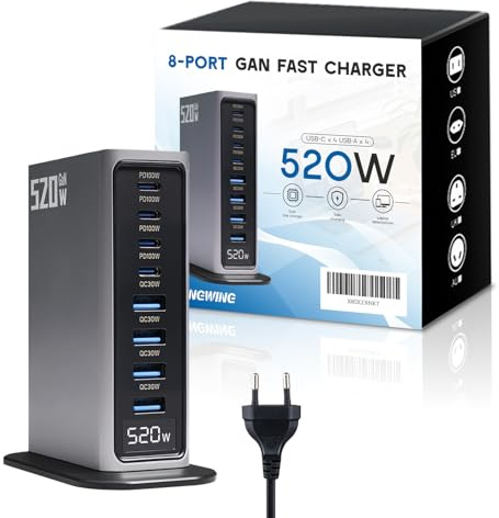 Station de Recharge Rapide GaN 520 W avec 8 Ports pour chargeurs USB-C, Alimentation PD 100 W pour MacBook Pro/Air, iPad, iPhone 16/15/14, Samsung Galaxy S25/S24, Android, etc.