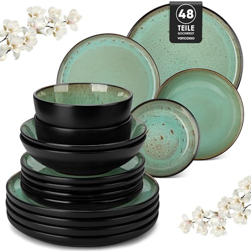 vancasso AMBER Juego de Vajilla Completo para 12 Personas, Plato Vajilla 48 Piezas de Gres - Platos Llanos, Platos de Postre, Ensaladeras y Cuencos - Apto para Lavavajillas, Esmalte Reactivo Verde