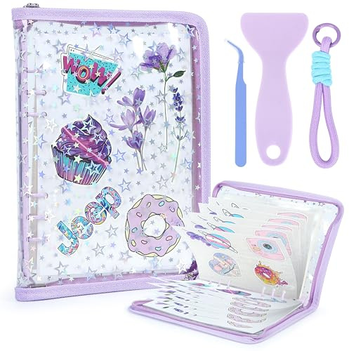 Sticker Organizer Binder for Storage Display: LATIIZ A5 Stickers Organizer Book for Collecting Planner Stickers, Photo Cards, Journal Supplies for Teens Adults (Purple Holographic Stars)