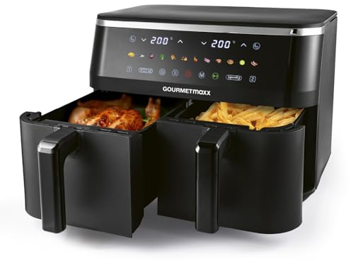 GOURMETmaxx Doppelkammer Heißluftfritteuse - 2 x 4,5 L | Synchro-Garzonen Airfryer | Fritteuse mit LED-Touchscreen, Farb-Icons | Heißluftfritteuse 2 Kammern mit 12 Programmen | fast ohne Öl frittieren