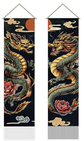 AHANDMAKER 2er Pack Orientalische Drachen Wandteppiche Vertikaler Langer Wandteppich Mit Chinesischem Drachen Mythologie Wandbehang Für Die Tür Für Schlafzimmer Und Wohnzimmer 13 x 51 Zoll
