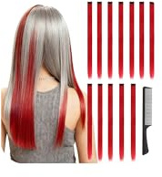 XSDSLS Colored Hair Extensions, Colored Hair Strands for Clipping in With Comb 22 Inch Colorful Straight Hair Extensions for Party Highlights Clip In for Girls Women (China Red)