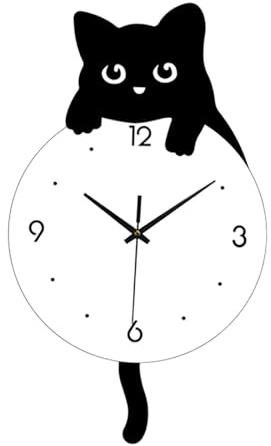 Milageto Wanduhr mit Katzenmotiv, zum Aufhängen, geräuschlos, leicht lesbare Zahlen, dekorative Heimdekoration mit schwingendem Schwanz für Klassenzimmer, L