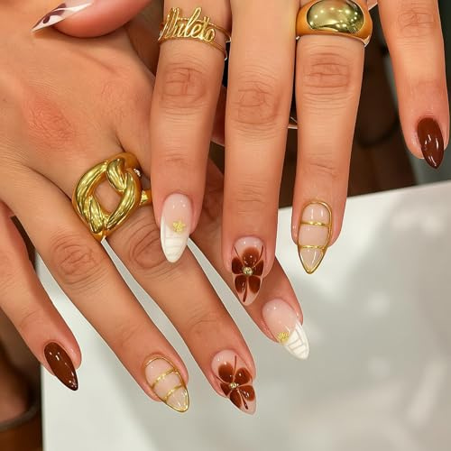 Long Almond Fake Nails with Geometric Floral Designs - 24Pcs Medium French Tip Stick on Nails for Women, Acrylic Press on Short Reusable for Daily Wear and Parties in Marble Brown Gold