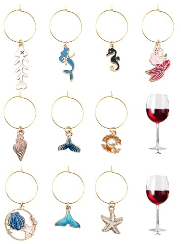 Dozylive 10PCS Wine Glass Charms Vintage Silver for Parties, Drink Markers for Wine Cocktail Glasses Champagne Flutes (Summer Beach Themed)