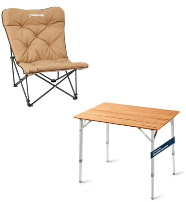 KingCamp Campingtisch und Campingstuhl Set, Campingzubehör Bundle mit höhenverstellbarem Bambus Klapptisch und XXL Relaxsessel, inklusive Tragetaschen