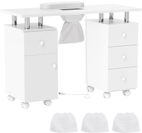 DREAMADE Manikürtisch, Nageltisch mit Staubabsaugung & 3 Staubbeuteln, Nagelstudio Tisch mit Handauflage, Schubladen, Schrank, Maniküre Tisch auf Rollen für Zuhause, Studio, Schönheitssalon (Weiß)