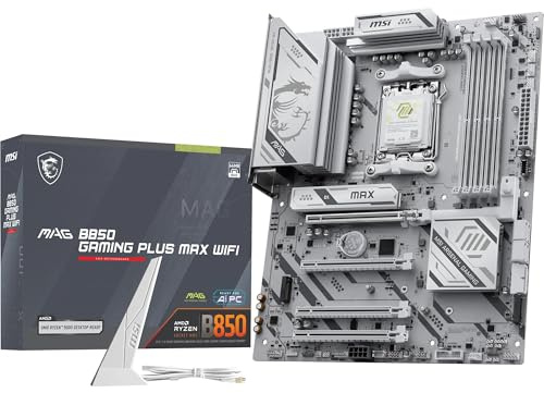 MSI MAG B850 Gaming Plus MAX WiFi Mainboard, ATX - Unterstützt AMD Ryzen 9000/8000 / 7000 Prozessoren, AM5, DDR5 Memory Boost (bis zu 8200+ MT/s OC), PCIe 5.0 x16, M.2 Gen5, Wi-Fi 7, 5G LAN