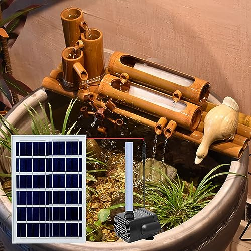 Gör-det-själv solfontän med pump och lampor, soldriven vattenfontän utomhus, Feng Shui trädgårdsdekor bambufontän, för fågelbad, trädgård, balkong, gräsmatta, 50 cm (20)