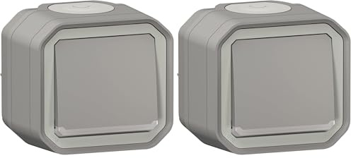 Legrand - Interrupteur ou va-et-vient lumineux étanche Plexo 10A livré complet avec voyant pour montage en apparent gris (Lot de 2)