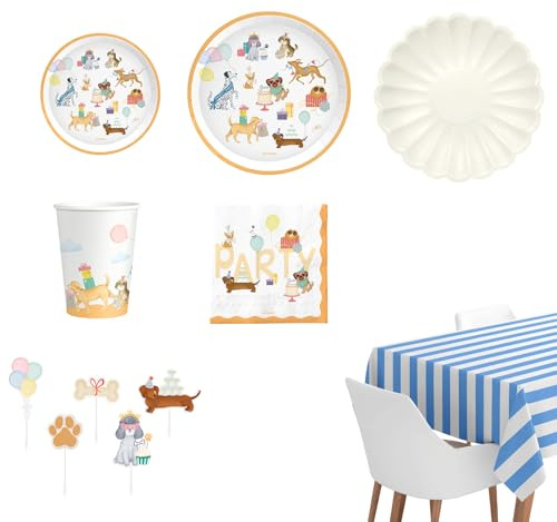 OH YEAH - Kit Vajilla Desechable Perritos Fiesta de Cumpleaños 12 Personas - 77 Piezas - Platos, Vasos, y Servilletas Desechables - Decoración Vajilla Cumpleaños Infantil Temático - Kit Mesa