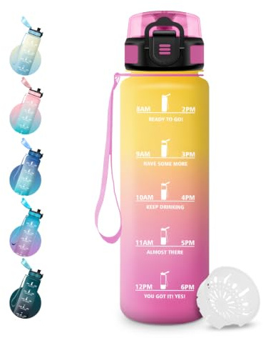 JAPORIA Trinkflasche mit Filter 1L, Trinkflasche mit Zeitmarkierungen, Sportflasche Auslaufsicher, Wasserflasche Kohlensäure Geeignet, für Outdoor, Sport, Camping