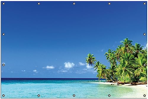 Wallario Outdoor-Poster für Garten oder Balkon Blauer Himmel weißer Strand Palmen und das tiefblaue Meer, Motivbanner Größe: ca. 120 x 180 cm, Outdoor-Bild