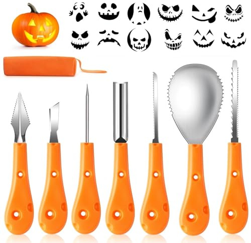 Greatever Halloween Pumpkin Carving Kit,Professional and Heavy Duty Stainless Steel Tools,Pumpkin Carving Set with12 Pumpkin Stencils Carrying Case(7pcs)