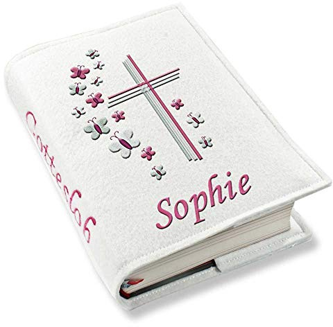 Gotteslob Gotteslobhülle Großdruck Kreuz Schmetterlinge pink rosa Filz mit Namen bestickt hellgrau weiß dunkelgrau lila blaugrau dunkelblau türkis maigrün flieder Mädchen, Farbe:weiß