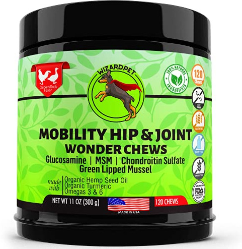 WIZARDPET Advanced Hemp Hip and Joint Supplement for Dogs Hemp Oil Glucosamine Chondroitin for Dog Omegas Turmeric MSM Green Lipped Mussel Made in USA Treats Support Mobility 120 Chews
