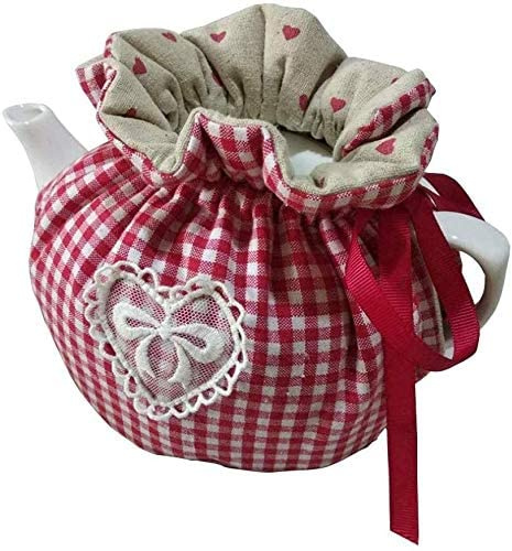 Teewärmer im Vintage-Stil, Blumenmuster, Baumwolle, staubdicht, isoliert, dekorativ, für Frühstück, Isolierung, Deckel, Wärmer für Küche, Couchtisch, dekoratives Zubehör, rotes Gitter mit