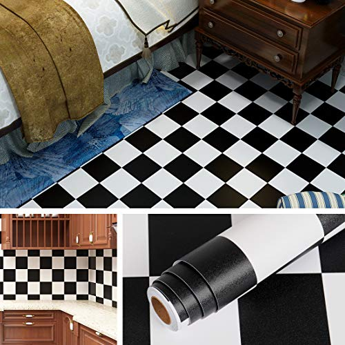 Livelynine Papier Peint Adhesif Mural Rouleau Vinyle Épaissir Carrelage Dalle PVC Adhesive Sol Amovible Papier Damier Noir et Blanc Imperméable Credence Adhesive pour Cuisine 40CM X 2M