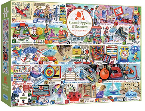Gibsons Space Hoppers & Scooters 1000 Piece Jigsaw Puzzle for Adults – Childhood Games & Toys by Val Goldfinch – Nostalgic Retro Play Puzzle – Premium Sustainable Puzzle Made in the UK/EU