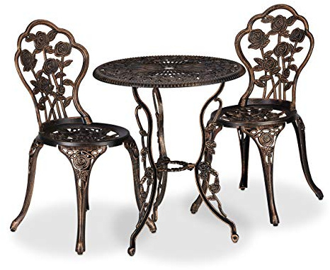 Relaxdays Set Mesa y Sillas Jardín, Mesita Terraza con 2 Asientos, Balcón, Estilo Vintage, Aluminio, Bronce
