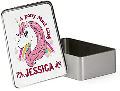 Personalised Unicorn Magically Glittered Art Mad Girl ANY NAME Birthday BACK TO SCHOOL Portable Metal Tin Storage Box Biscuit Chocolate Tin Emergency Stuff Tin. (Rectangular)