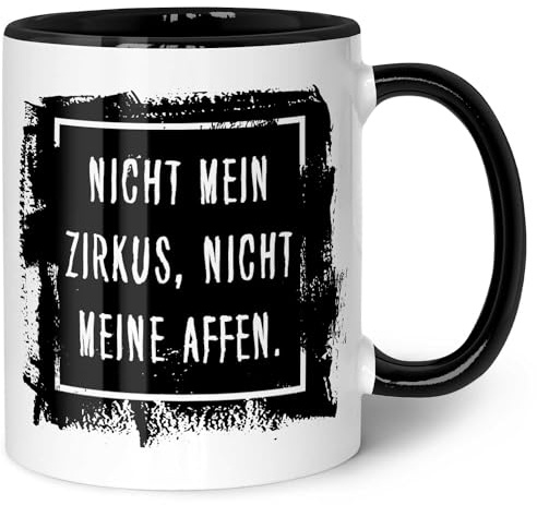 GRAVURZEILE Bedruckte Tasse mit Spruch - Nicht mein Zirkus, nicht meine Affen - Spülmaschinenfest - Geschenke für Freunde & Kollegen - Geschenk für Büro & Alltag - Farbe: Schwarz & Weiß