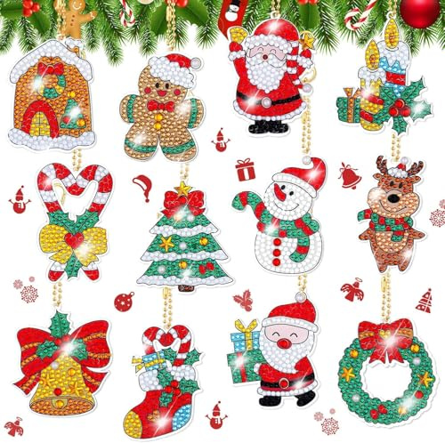 12 Stück 5D DIY Diamant Malerei Schlüsselanhänger Weihnachten Diamond Painting Anhänger für Kinder Erwachsene Machen Weihnachtsgeschenke