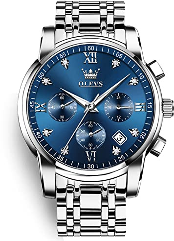 OLEVS Montre chronographe pour homme en acier inoxydable doré et argent - Montre à quartz analogique étanche - Cadran multifonction avec date et diamant, A1-cadran bleu/bracelet argenté, Round