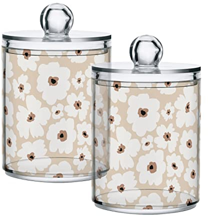 linqin Qtip-Halter für Wattestäbchen, Badesalz, Baumwollrund, 284 ml, transparentes Kunststoff-Qtip-Glas mit Deckel für Badezimmer, Wattestäbchenhalter, beige Farbe Blumen, Schmink-Organizer, Behälter