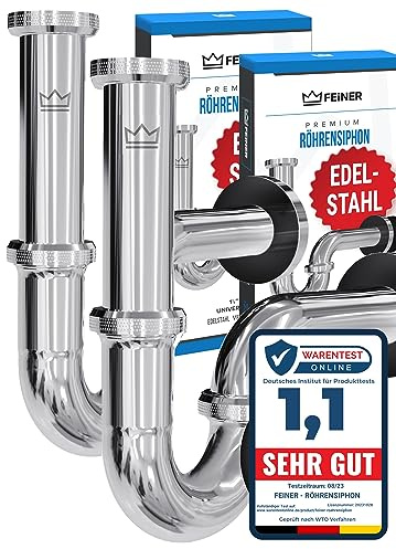 FEINER® 2-er Set Premium Universal Siphon für Waschbecken EDELSTAHL vormontiert – nur noch zusammenschrauben, Waschbecken Ablaufgarnitur 1 1/4“ Chrom, verstellbar 2–12 cm, Gratis-Dichtungen
