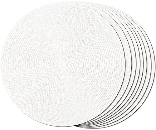FunWheat Runde geflochtene Tischsets für Esstisch, gewebt, waschbar, rutschfest, 38,1 cm, Weiß, 8 Stück